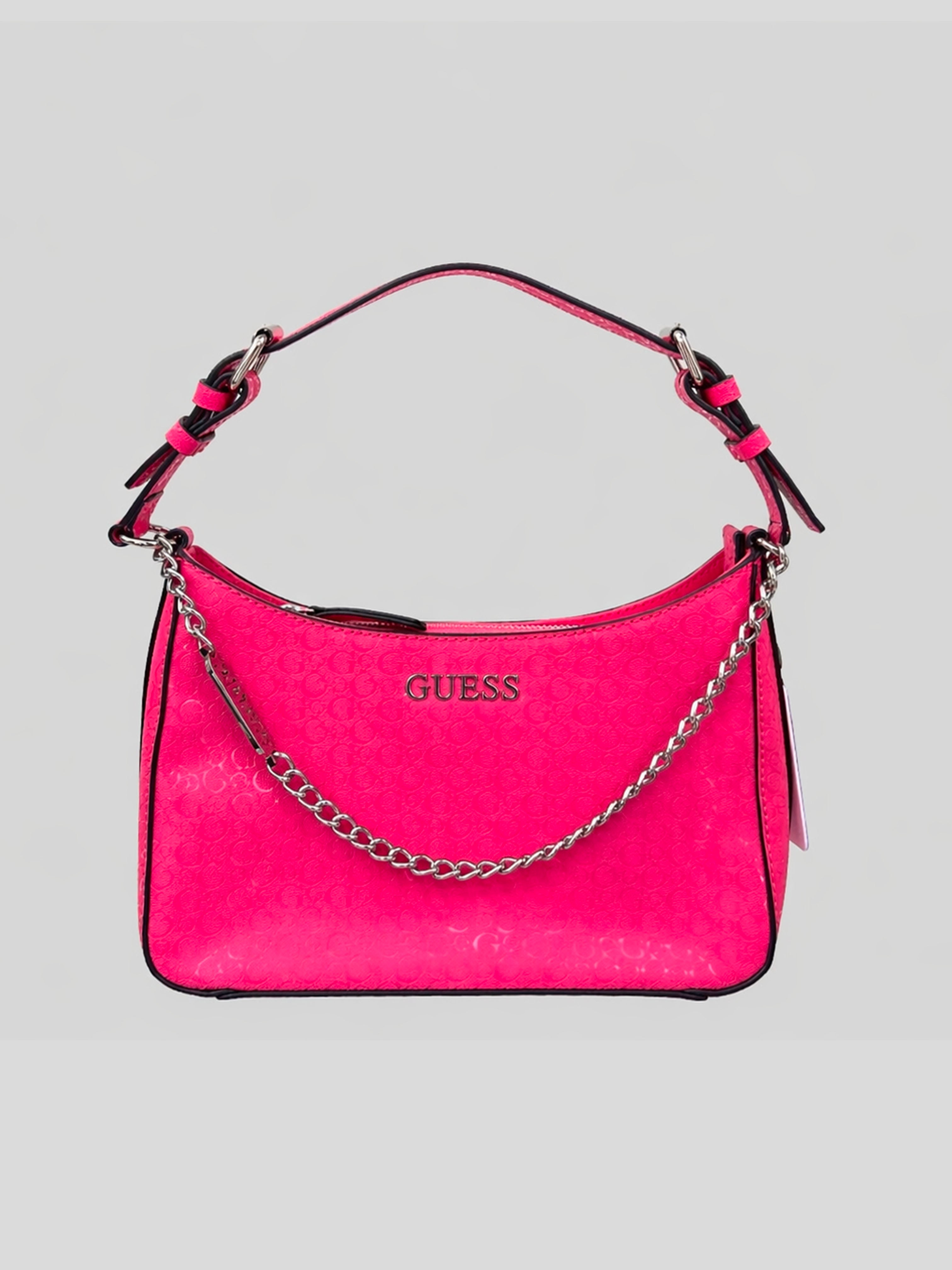 Cartera shoulder Guess monograma logo front metallic c/cadena ‘Rojo tropical’