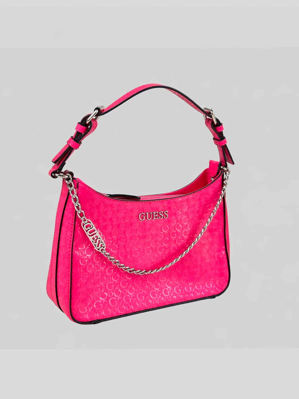Cartera shoulder Guess monograma logo front metallic c/cadena ‘Rojo tropical’