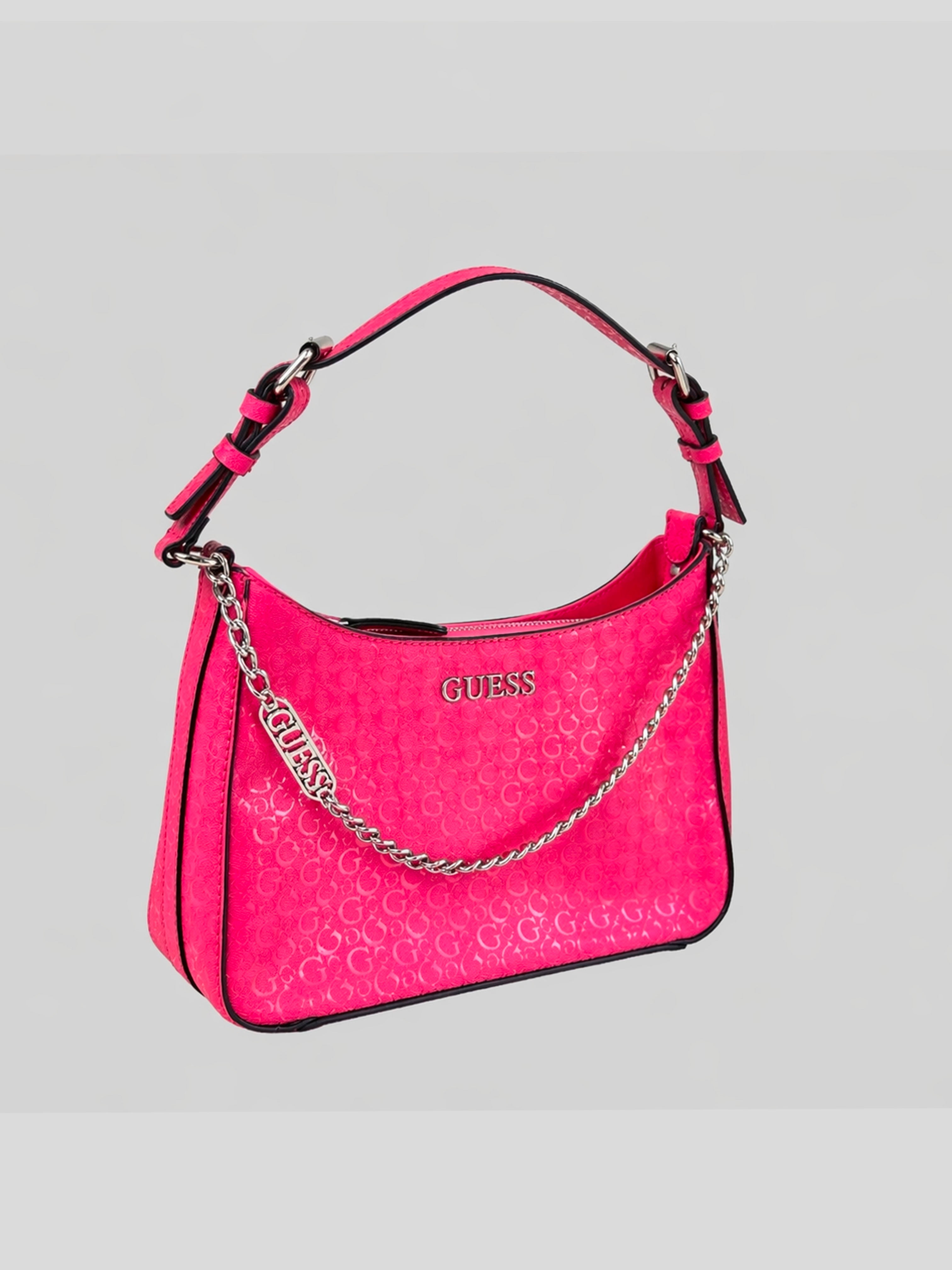 Cartera shoulder Guess monograma logo front metallic c/cadena ‘Rojo tropical’