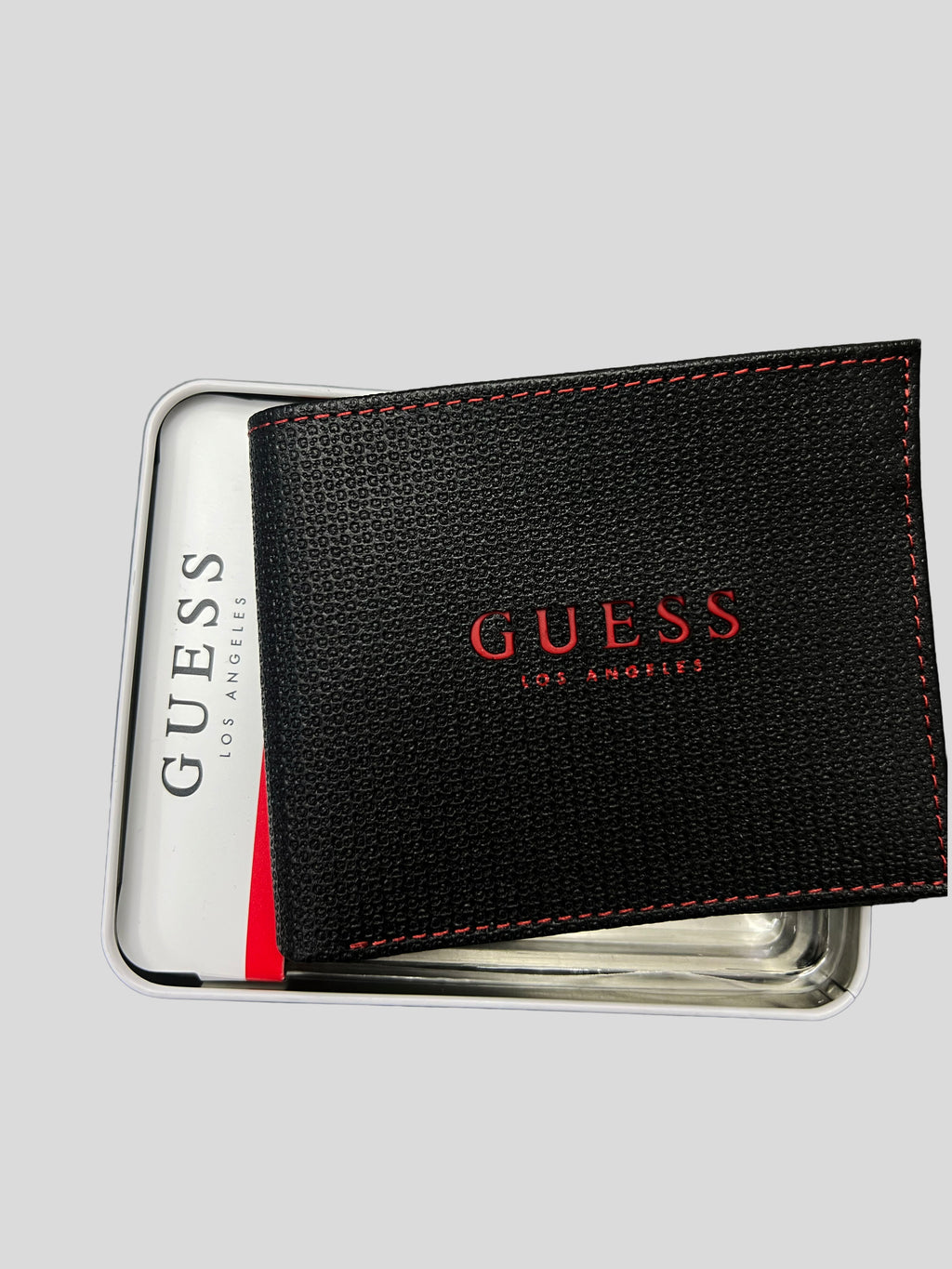Billetera Guess c/texture Logo rojo costuras ‘Negra’