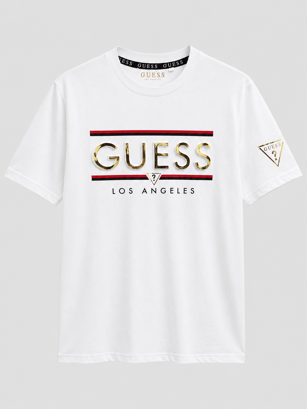 Polera Guess Logo relieve dorado line roja/negra ‘Blanca’